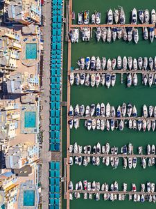 Preview wallpaper pier, yachts, buildings, aerial view