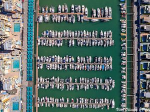 Preview wallpaper pier, yachts, buildings, aerial view