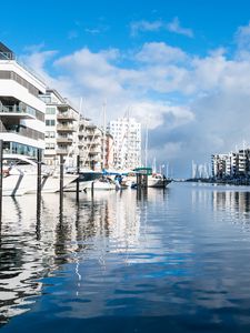 Preview wallpaper pier, yachts, river, houses, sky