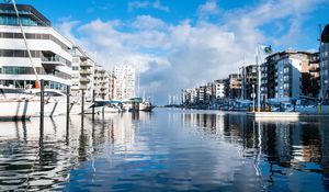 Preview wallpaper pier, yachts, river, houses, sky