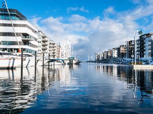 Preview wallpaper pier, yachts, river, houses, sky