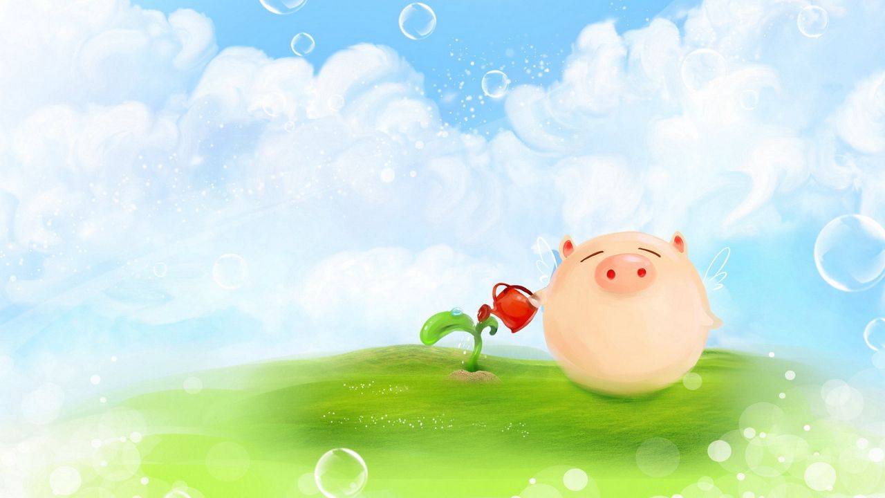 Wallpaper pig, grass, clouds, watering can, sprout, meadow