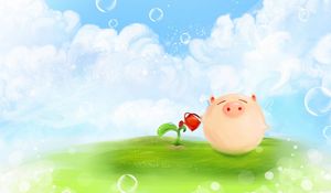 Preview wallpaper pig, grass, clouds, watering can, sprout, meadow