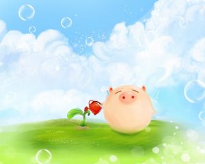 Preview wallpaper pig, grass, clouds, watering can, sprout, meadow