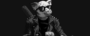 Preview wallpaper pig, sunglasses, biker, motorcycle, art, black and white