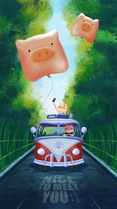 Preview wallpaper pigs, van, road, travel, art