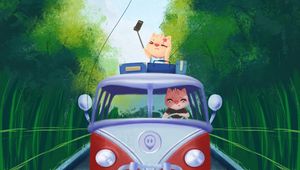 Preview wallpaper pigs, van, road, travel, art