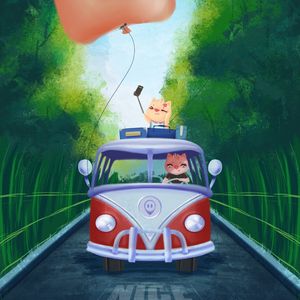 Preview wallpaper pigs, van, road, travel, art