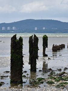 Preview wallpaper pilings, shore, pebbles, sea, mountains