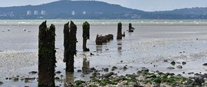 Preview wallpaper pilings, shore, pebbles, sea, mountains