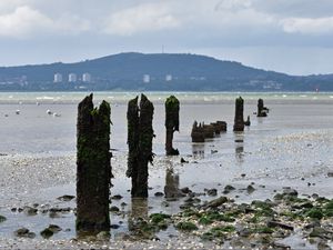 Preview wallpaper pilings, shore, pebbles, sea, mountains