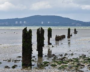 Preview wallpaper pilings, shore, pebbles, sea, mountains