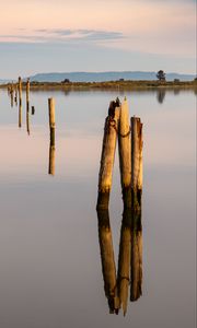 Preview wallpaper pilings, wood, river, reflection