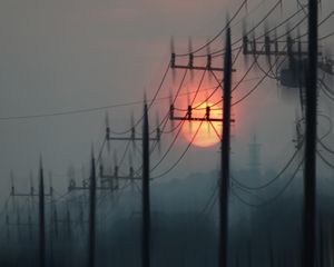 Preview wallpaper pillars, wires, sun, sunset, blur