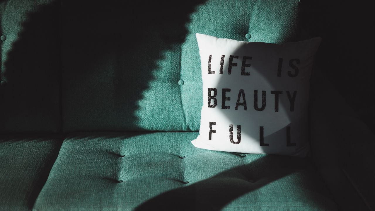 Wallpaper pillow, inscription, shadow, sofa