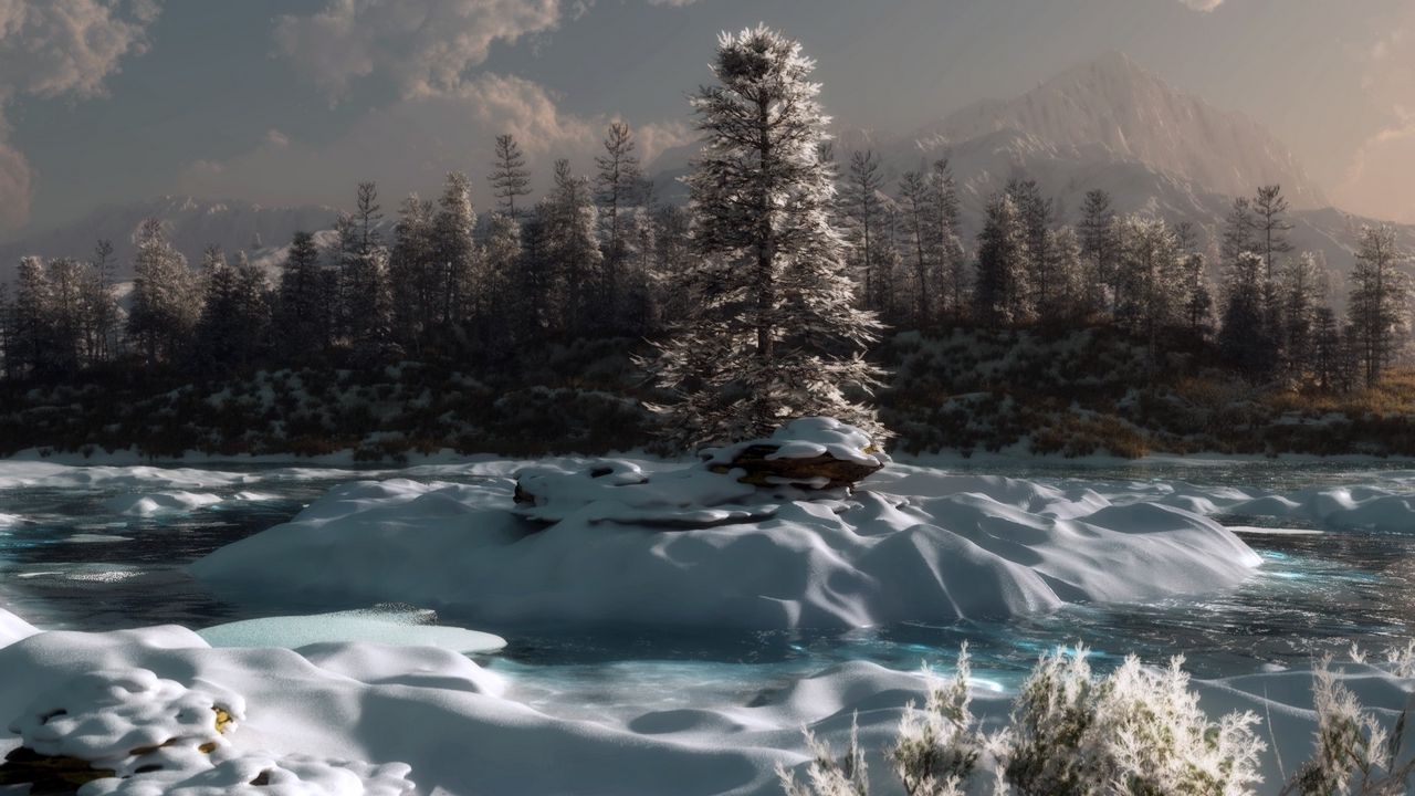Wallpaper pine, river, snow, winter, evening, twilight