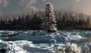 Preview wallpaper pine, river, snow, winter, evening, twilight