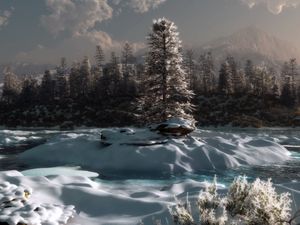 Preview wallpaper pine, river, snow, winter, evening, twilight