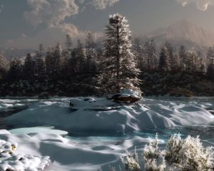 Preview wallpaper pine, river, snow, winter, evening, twilight
