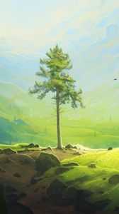 Preview wallpaper pine, tree, stones, distance, art