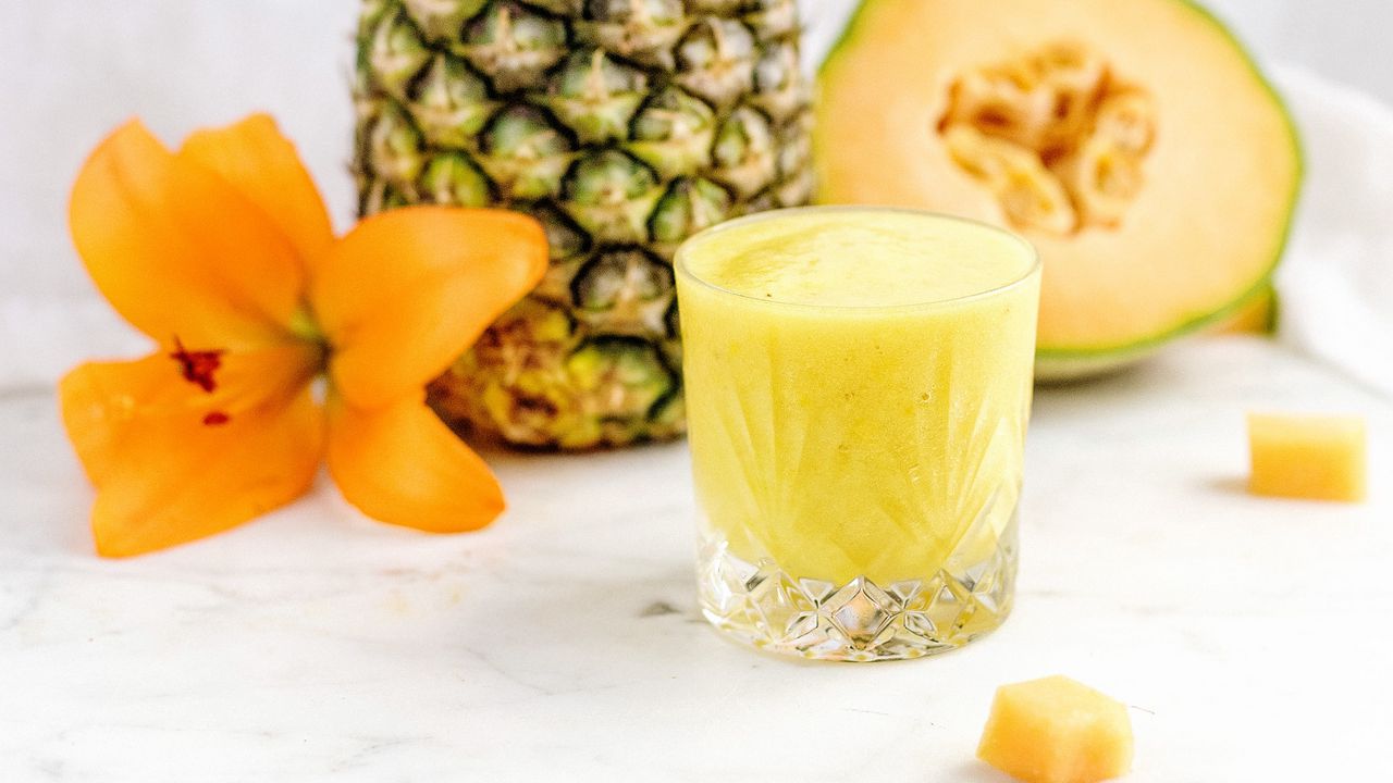 Wallpaper pineapple, melon, fruit, smoothie, fresh, glass