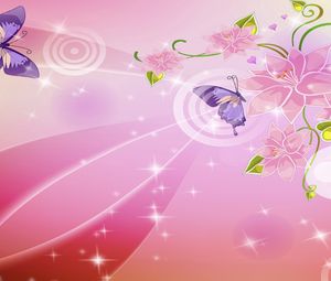 Preview wallpaper pink, white, reflections, butterflies, flowers