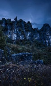 Preview wallpaper piopio, new zealand, mountains, rocks, grass, evening