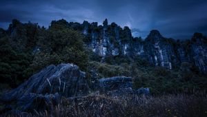 Preview wallpaper piopio, new zealand, mountains, rocks, grass, evening