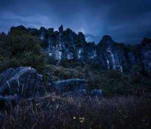 Preview wallpaper piopio, new zealand, mountains, rocks, grass, evening