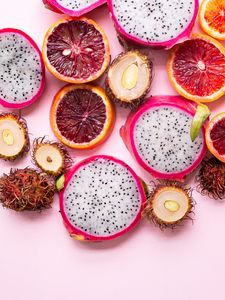 Preview wallpaper pitaya, rambutan, citrus, exotic fruits