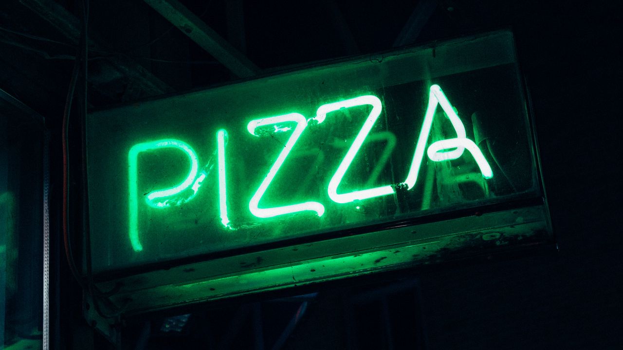 Wallpaper pizza, neon, signboard, inscription
