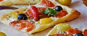 Preview wallpaper pizza, vegetables, olives, peppers, cheese