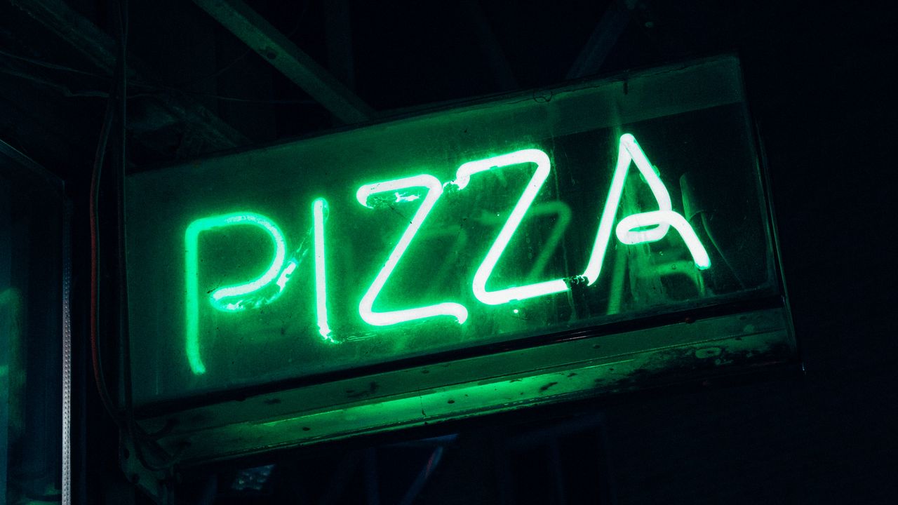 Wallpaper pizza, word, neon, signboard, light, green