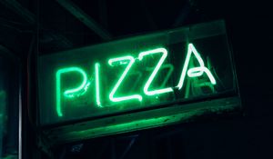 Preview wallpaper pizza, word, neon, signboard, light, green