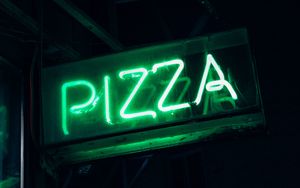 Preview wallpaper pizza, word, neon, signboard, light, green
