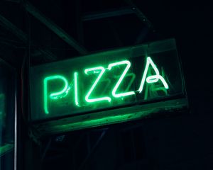 Preview wallpaper pizza, word, neon, signboard, light, green