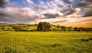 Preview wallpaper plain, greens, sun, mountains, trees, grass