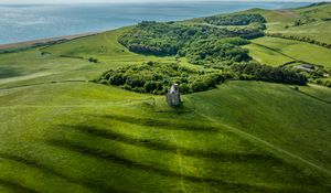 Preview wallpaper plain, hills, grass, castle, trees, landscape