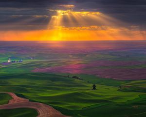 Preview wallpaper plain, road, fields, greens, sky, sun, light, clouds