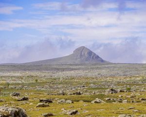 Preview wallpaper plain, valley, stones, mountain, pond, landscape