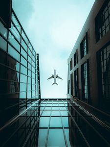 Preview wallpaper plane, bottom view, building, sky