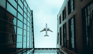 Preview wallpaper plane, bottom view, building, sky