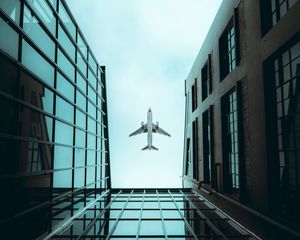 Preview wallpaper plane, bottom view, building, sky