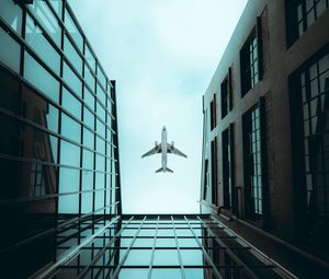 Preview wallpaper plane, bottom view, building, sky