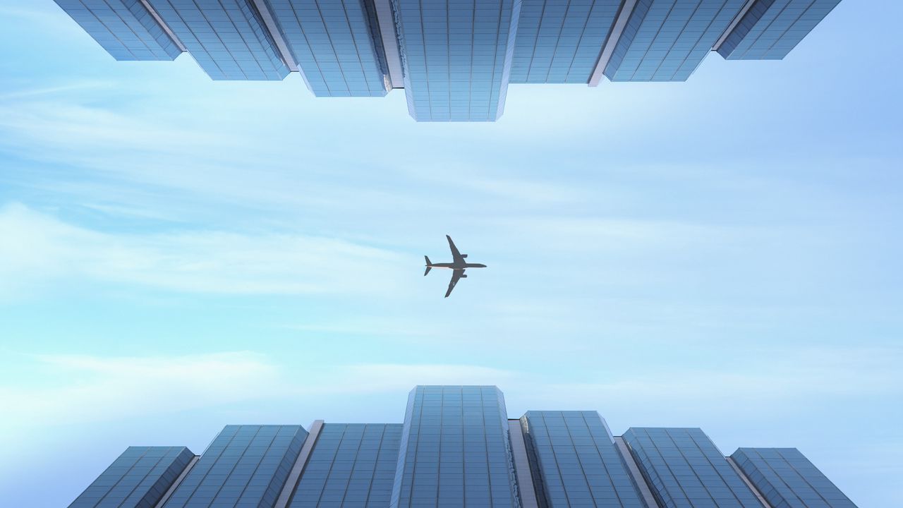 Wallpaper plane, bottom view, flight, buildings
