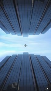 Preview wallpaper plane, bottom view, flight, buildings