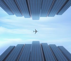 Preview wallpaper plane, bottom view, flight, buildings