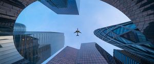 Preview wallpaper plane, buildings, architecture, glass, bottom view