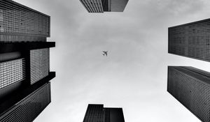 Preview wallpaper plane, buildings, bottom view, black and white, bw