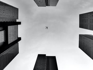 Preview wallpaper plane, buildings, bottom view, black and white, bw